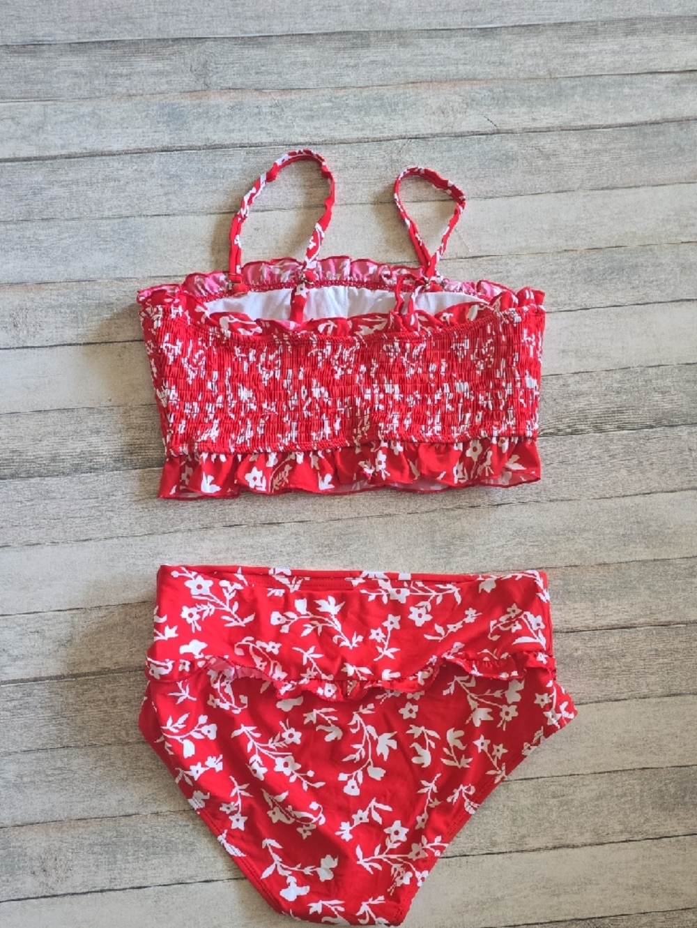 Red Floral Smocked Ruffle Bikini Set Size Medium - Picture 2 of 6
